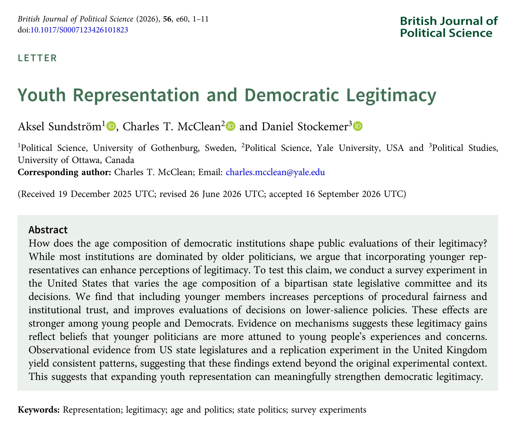 First page of Youth Representation and Democratic Legitimacy, British Journal of Political Science 56, e60